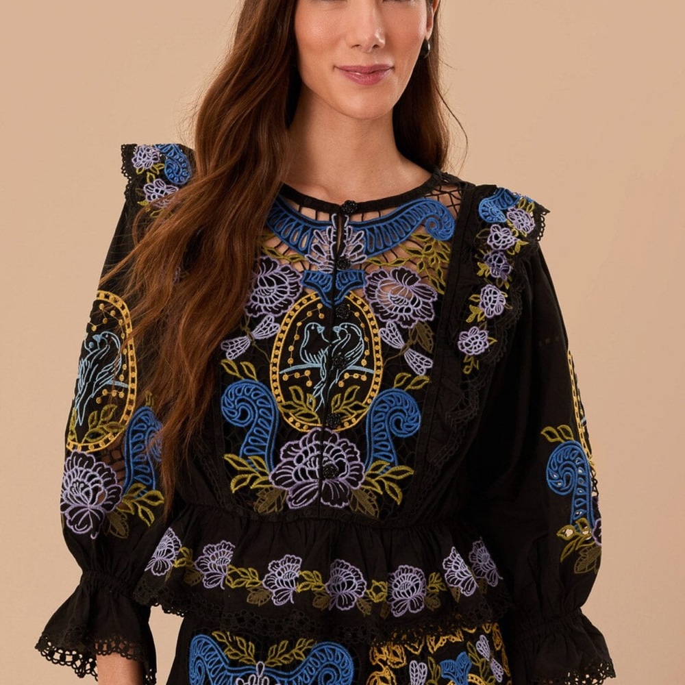 Farm Rio NWT Embroidered Black Blouse with Blue and Yellow Accents